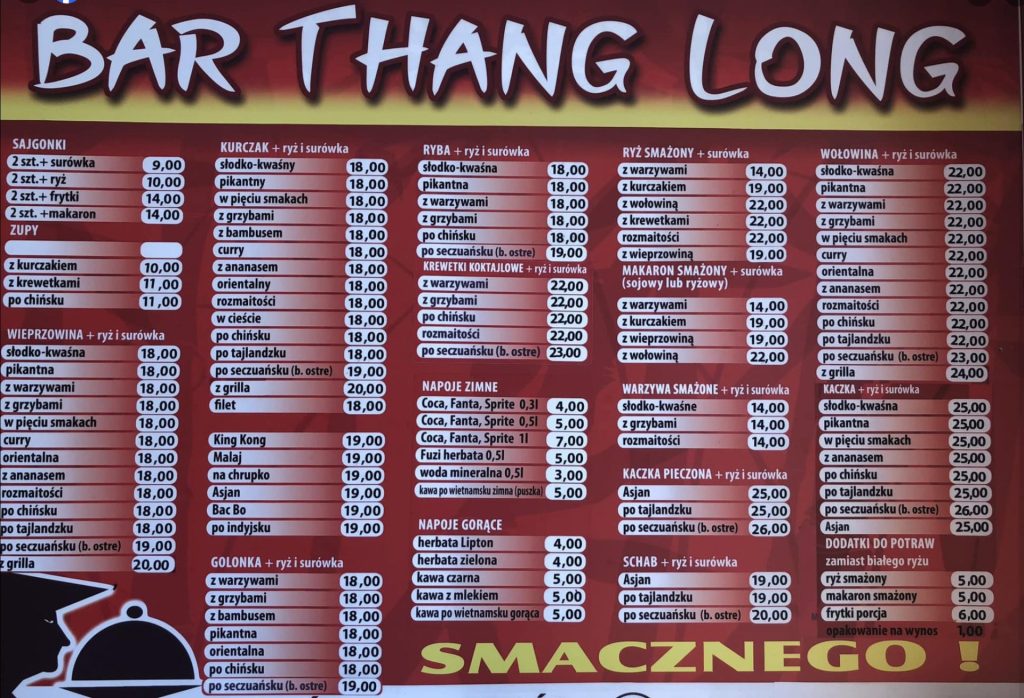Bar Orientalny Thang-Long Menu